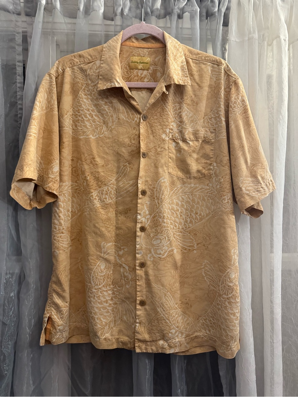 Tommy Bahama Tan 100% Silk Button Down Shirt With Fish Designs